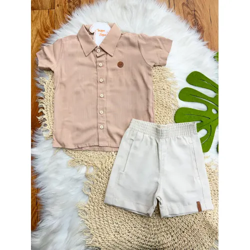 Conj. Camisa Rajada e Bermuda em Linho - Areia