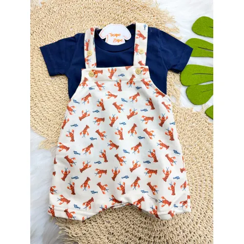 Conj. Camiseta e Jardineira Baby Lobster - Marinho e Areia