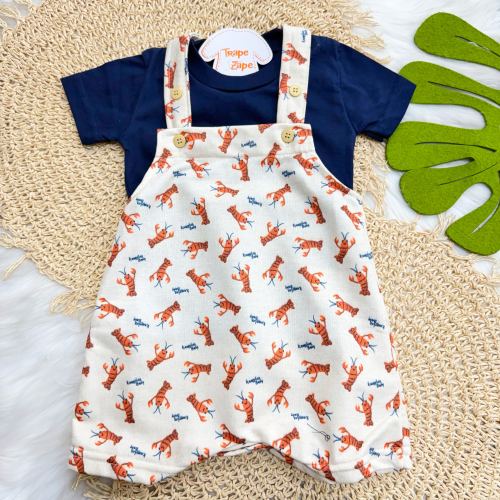 Conj. Camiseta e Jardineira Baby Lobster - Marinho e Areia