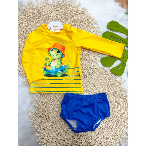 Linha Praia - Conj. Blusa Manga Longa Roar Tchimbum e Sunga com Proteção UV50+  - Amarelo e Marinho