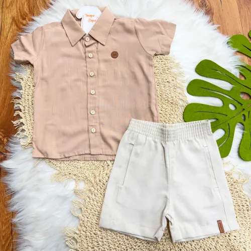 Conj. Camisa Rajada e Bermuda em Linho - Areia