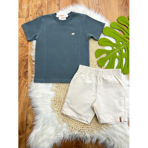 Camiseta Urso Polar e Bermuda  - Chumbo e Areia