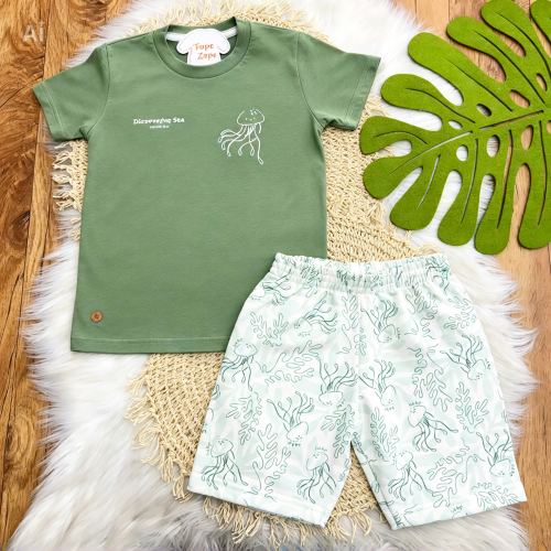 Conj. Camiseta Discovery the Sea e Bermuda - Verde e Off White
