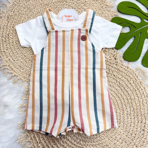 Conj. Blusa e Jardineira Listrada Colorida - Areia e Off White