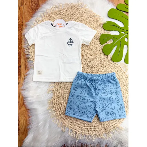 Conj. Camiseta Barquinho e Bermuda Fundo do Mar - Off White e Azul