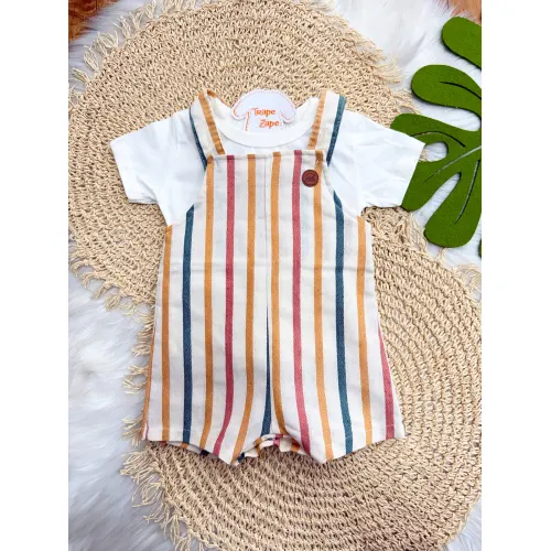 Conj. Blusa e Jardineira Listrada Colorida - Areia e Off White