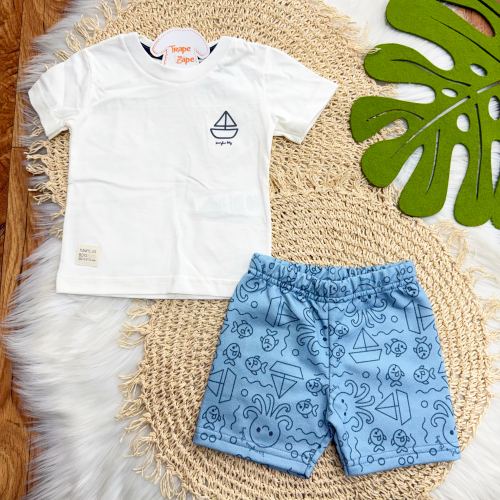 Conj. Camiseta Barquinho e Bermuda Fundo do Mar - Off White e Azul