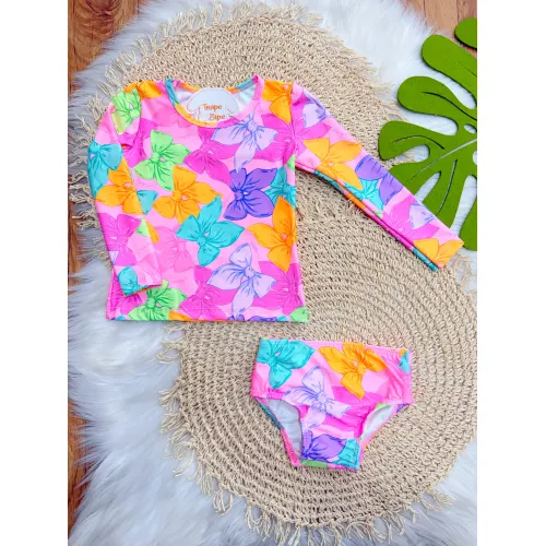 Linha Praia - Blusa Manga Longa e Calcinha Lacinhos com Proteção UV50+ - Rosa