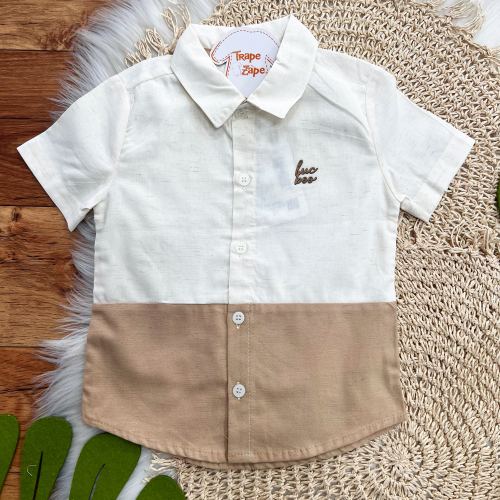 Conj. Camisa em Linho Bicolor e Bermuda - Areia e Caramelo