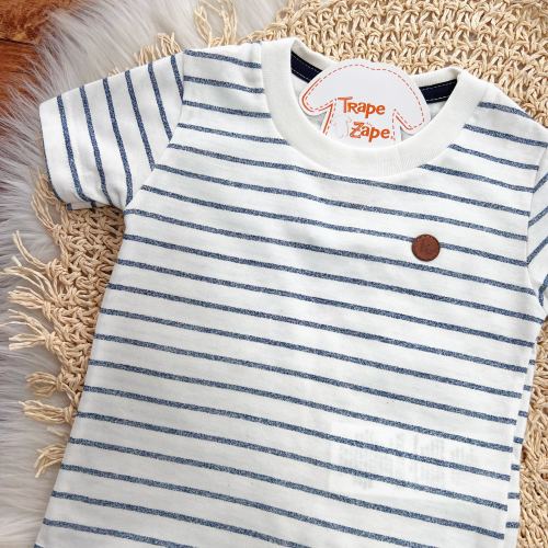 Conj. Camiseta Listrada e Bermuda - Off White e Azul Jeans