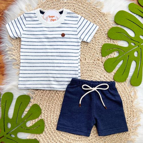Conj. Camiseta Listrada e Bermuda - Off White e Azul Jeans