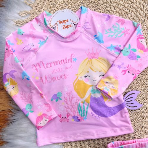 Linha Praia -  Conj. Blusa Manga Longa Sereia e Calcinha com Proteção UV50+ - Rosa
