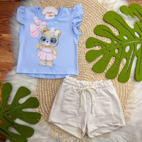 Conj. Blusa Ursinha de Óculos de Sol e Short em Linho - Azul e Areia