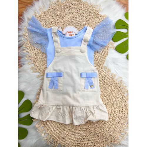 Conj. Blusa Babadinho em Tule com Pérolas e Salopete em Linho - Azul e Areia