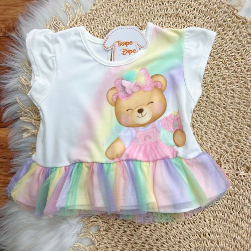 Conj. Blusa Ursinha Candy Rainbow e Short em Linho - Off White e Areia