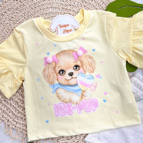 Conj. Blusa Cachorrinha Ice-Pop e Short em Linho - Amarelo 