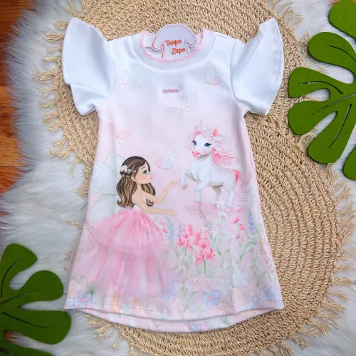 Vestido Manga Flare Princesa e Unicórnio - Off White e Rosa