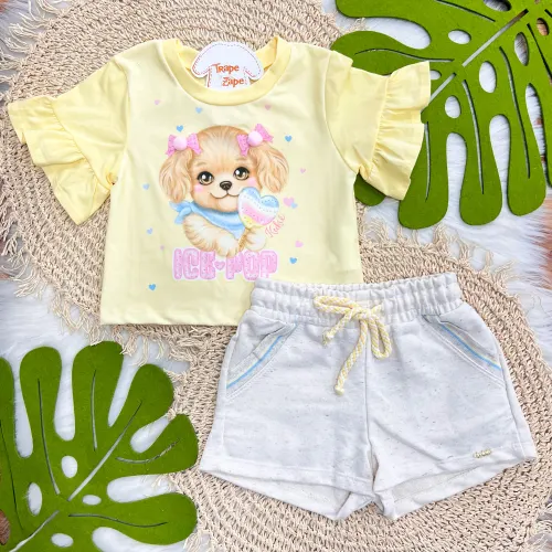 Conj. Blusa Cachorrinha Ice-Pop e Short em Linho - Amarelo 