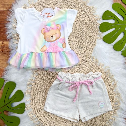 Conj. Blusa Ursinha Candy Rainbow e Short em Linho - Off White e Areia
