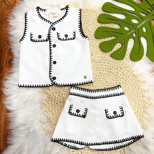 Conj. Colete e Short Saia Botões em Linho - Off White e Preto