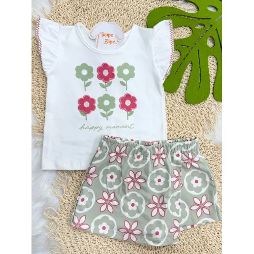 Conj. Blusa Happy Moment e Short Saia Floral - Off White e Verde