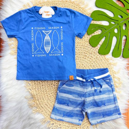 Conj. Camiseta Fishing Season e Bermuda - Azul Jeans