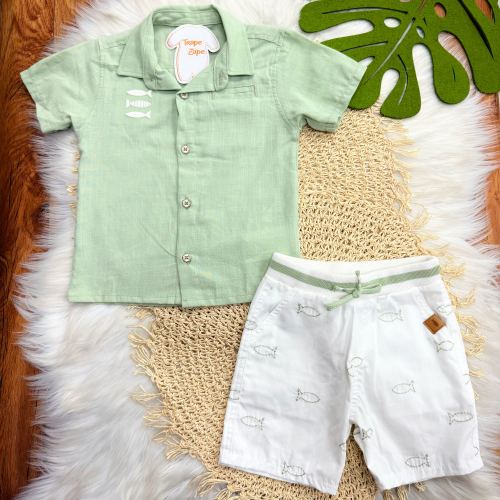 Conj. Camisa Peixinhos e Bermuda Bordada - Verde