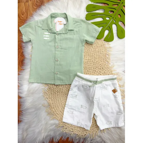Conj. Camisa Peixinhos e Bermuda Bordada - Verde