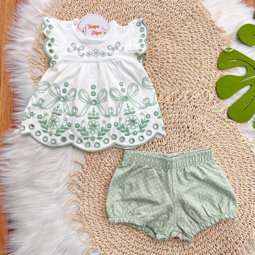 Conj. Batinha em Lese Floral e Short Poá - Verde