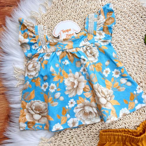 Conj. Blusa Flores e Short - Ferrugem e Azul