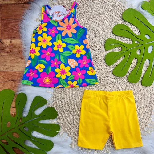  Conj. Regata Floral Colorido e Legging - Amarelo e Azul