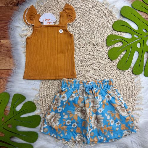  Conj. Regata Ribana e Short Saia Flores - Ferrugem e Azul
