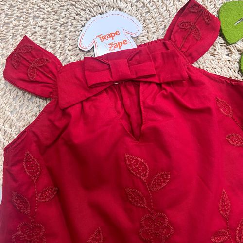  Vestido com Flores Bordadas e Laço - Vermelho