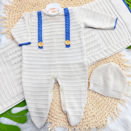Saída de Maternidade Suspensório - Areia e Azul Jeans 