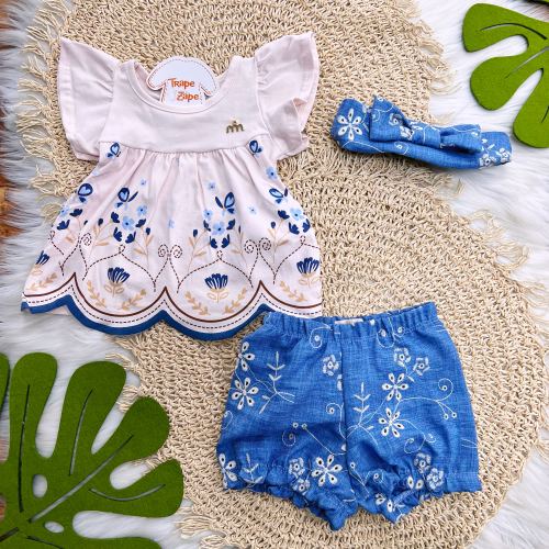 Conj. Batinha Jardim de Borboletas, Short e Faixinha Lese Floral - Rosa Bebê e Jeans