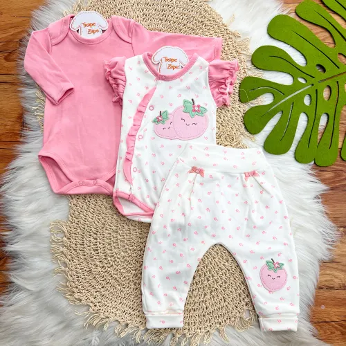 CONJ. DE MALHA 3 PEÇAS - Moranguinhos - Rose e Off White