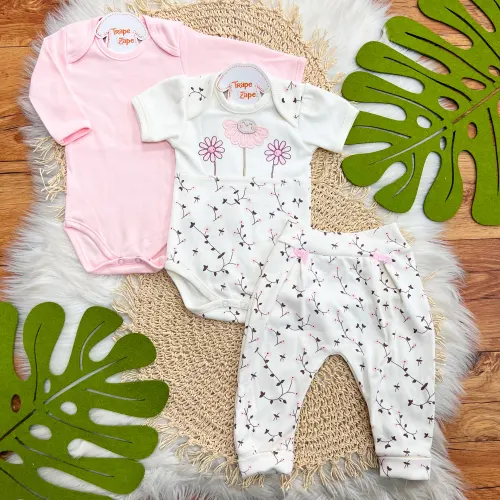  CONJ. DE MALHA 3 PEÇAS - Três Florzinhas Fofas - Off White