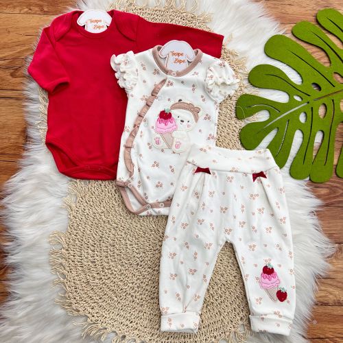 CONJ. DE MALHA 3 PEÇAS - Ursinha com Sorvete - Vermelho e Off White