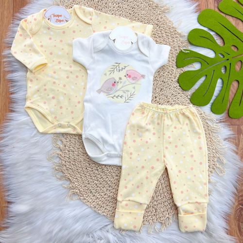  CONJ. DE MALHA 3 PEÇAS - Passarinhos e Confetes - Off White e Amarelo