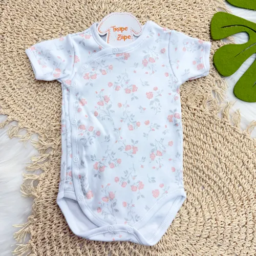 Body Kimono M/C Flores Rose com Prata - Off White