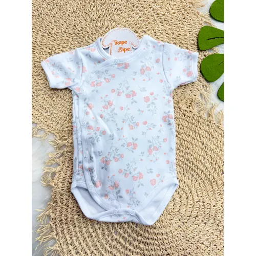 Body Kimono M/C Flores Rose com Prata - Off White