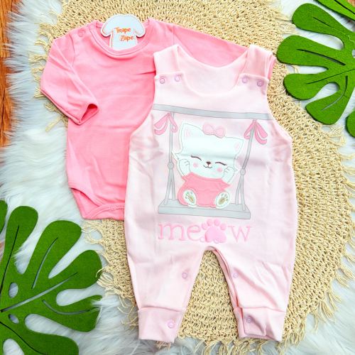 Conj. Body Manga Longa e Jardineira Meow - Rosa e Rose