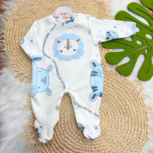 Macacão Trape Zape - Amiguinhos do Safari - Off White e Azul Bebê