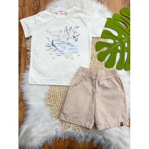 Conj. Camiseta Kind of Summer e Bermuda Listrada - Areia