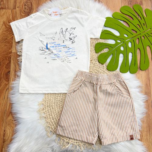 Conj. Camiseta Kind of Summer e Bermuda Listrada - Areia