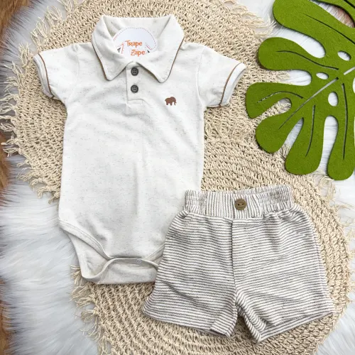 Conj. Body com Gola Polo e Bermuda em Linho - Areia
