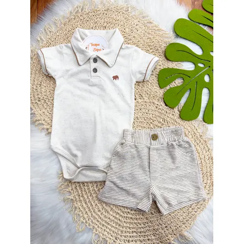 Conj. Body com Gola Polo e Bermuda em Linho - Areia