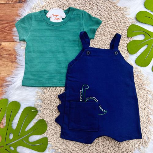 Conj. Camiseta e Jardineira Dino - Verde e Marinho