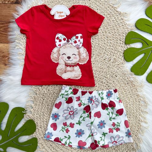 Conj. Blusa Doguinha de Lacinho e Short Morangos - Vermelho
