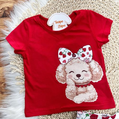 Conj. Blusa Doguinha de Lacinho e Short Morangos - Vermelho